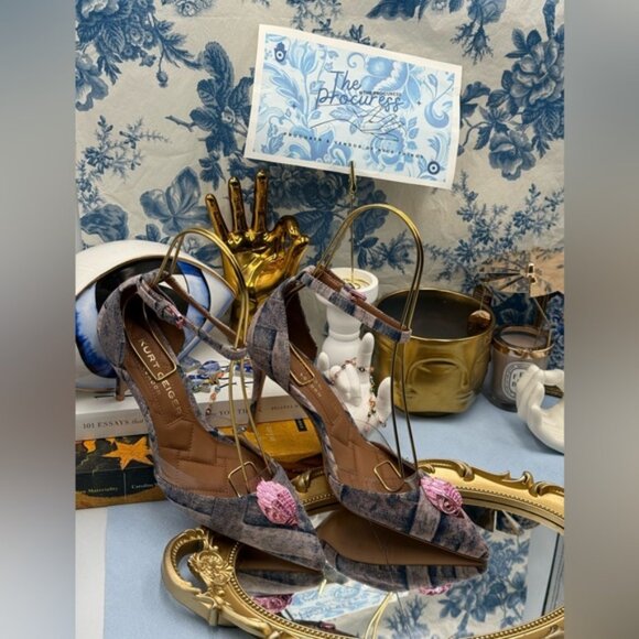 🆕 KURT GEIGER LONDON 🧿 NWOB Belgravia Pink Denim Vinyl High Heel, Sz 37 US 7 - Picture 2 of 16